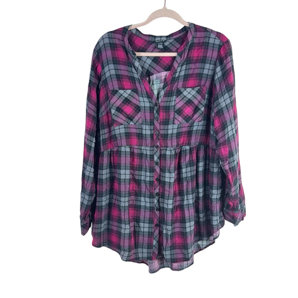 Torrid Womens Plus Size 2x Pink Gray Plaid Button Down Long Sleeve Peplum Top